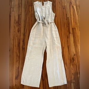 Reformation Tan Jumpsuit with V-Neck and Tie Belt